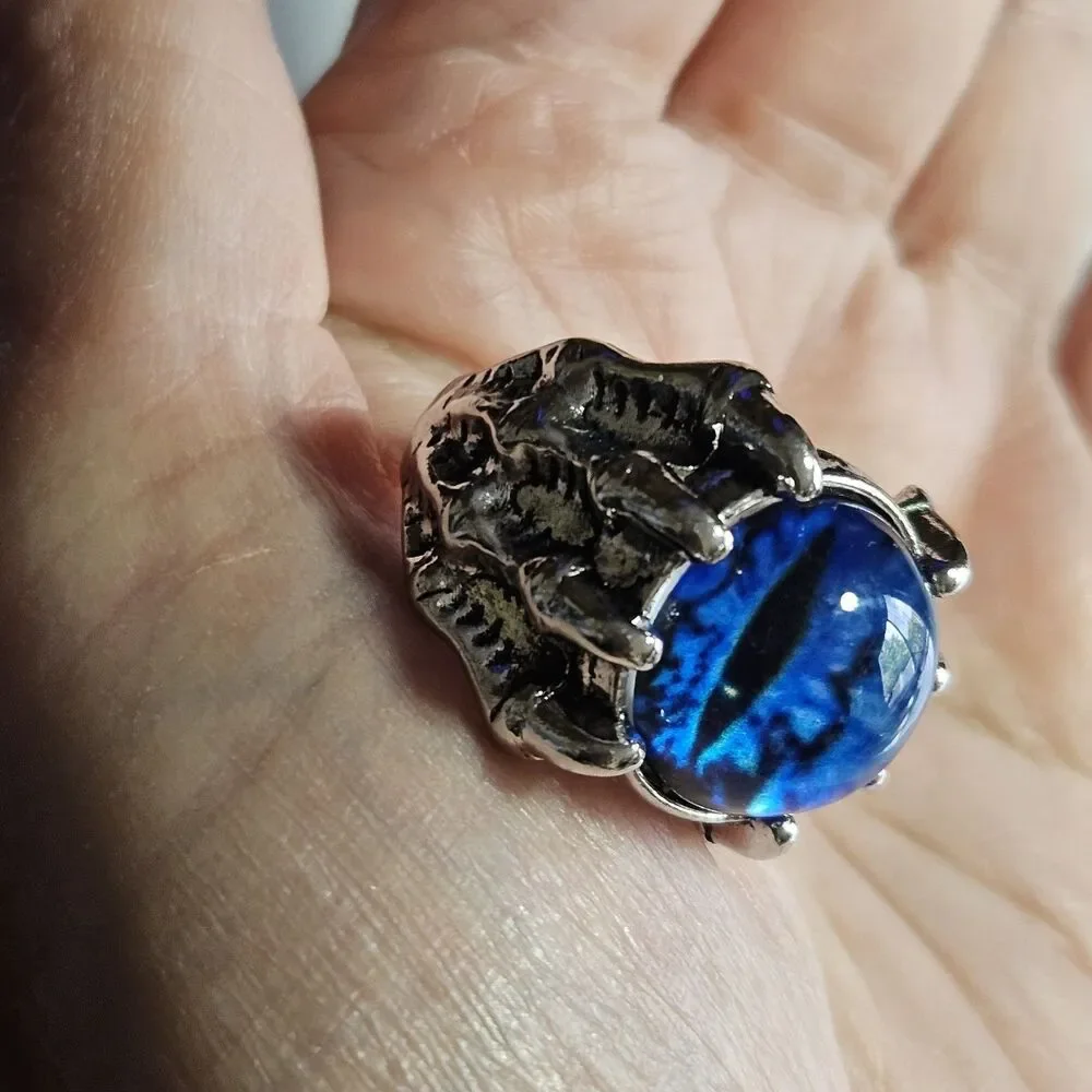 Skull Demon Blue Eye Rings - Silver Tone Ring Adjustable Fashion Jewelry